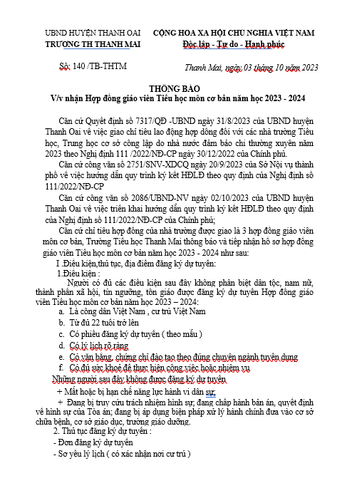 THÔNG BÁO V/V TIẾP NHẬN GIÁO VIÊN HỢP ĐỒNG CƠ BẢN NĂM 2023 2024
