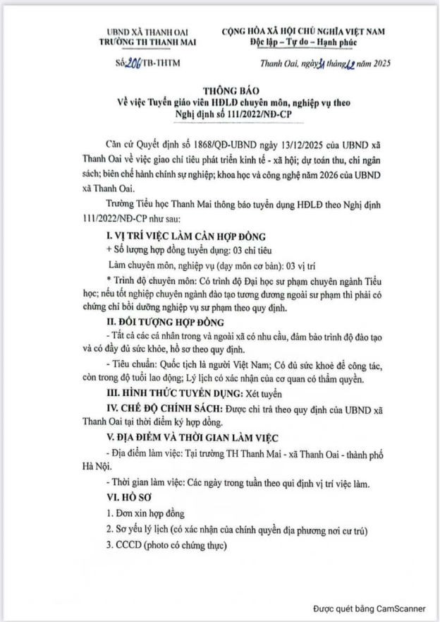 TRƯỜNG TIỂU HỌC THANH MAI THÔNG BÁO VỀ VIỆC TUYỂN GIÁO VIÊN HĐLĐ CHUYÊN MÔN, NGHIỆP VỤ THEO NGHỊ ĐỊNH SỐ 111/2022/NĐ-CP