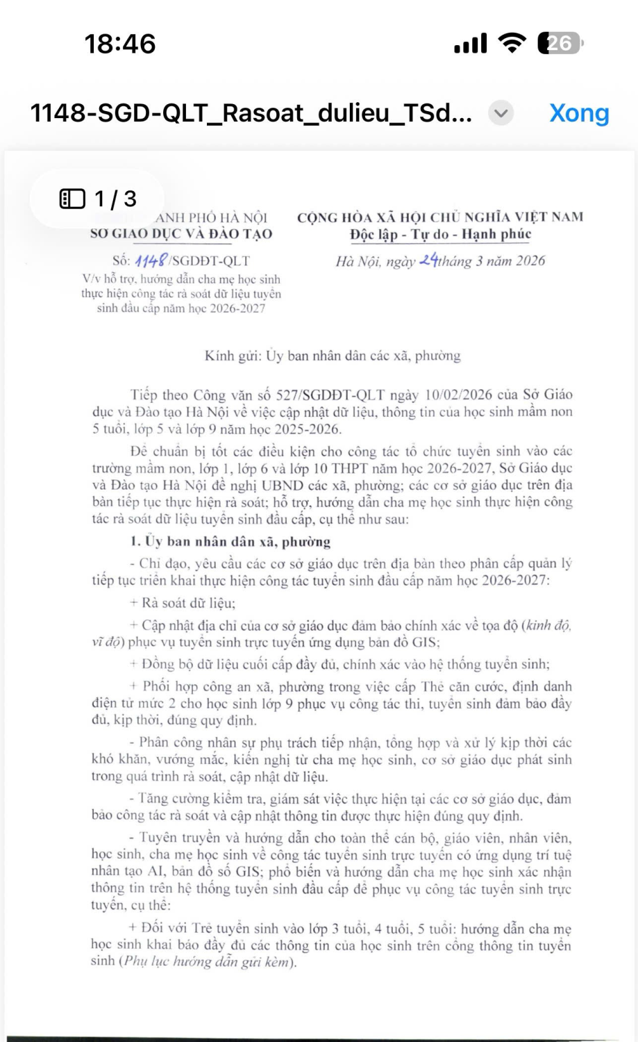 HỖ TRỢ HƯỚNG DẪN CHA MẸ HỌC SINH THỰC HIỆN CÔNG TÁC RÀ SOÁT DỮ LIỆU TUYỂN SINH ĐẦU CẤP NĂM HỌC 2026- 2027