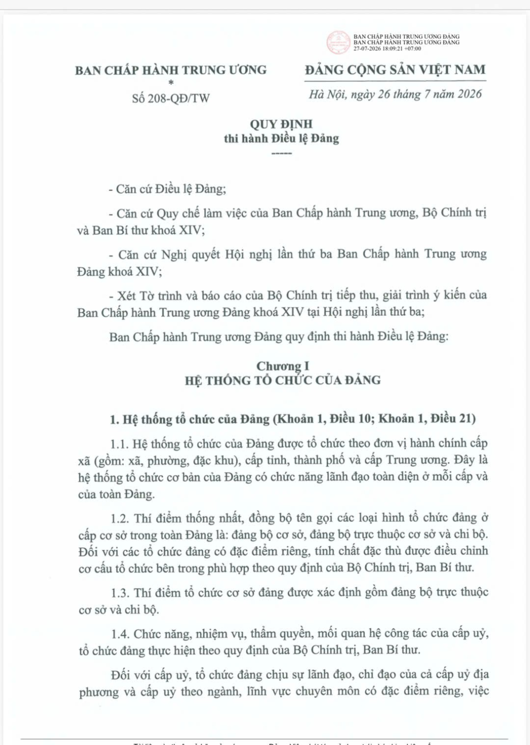QUY ĐỊNH THI HÀNH ĐIỀU LỆ ĐẢNG